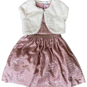 TAHARI Girls Trim Dress Pink with White Faux Fur Metallic Rhinestone & Jacket.
